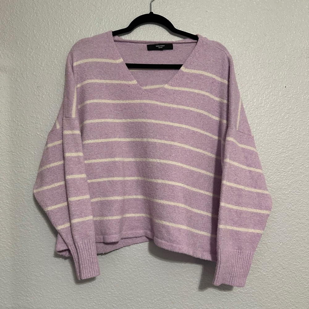 Vero Moda Curve Lavender Purple Striped V-Neck Sweater 1X LS